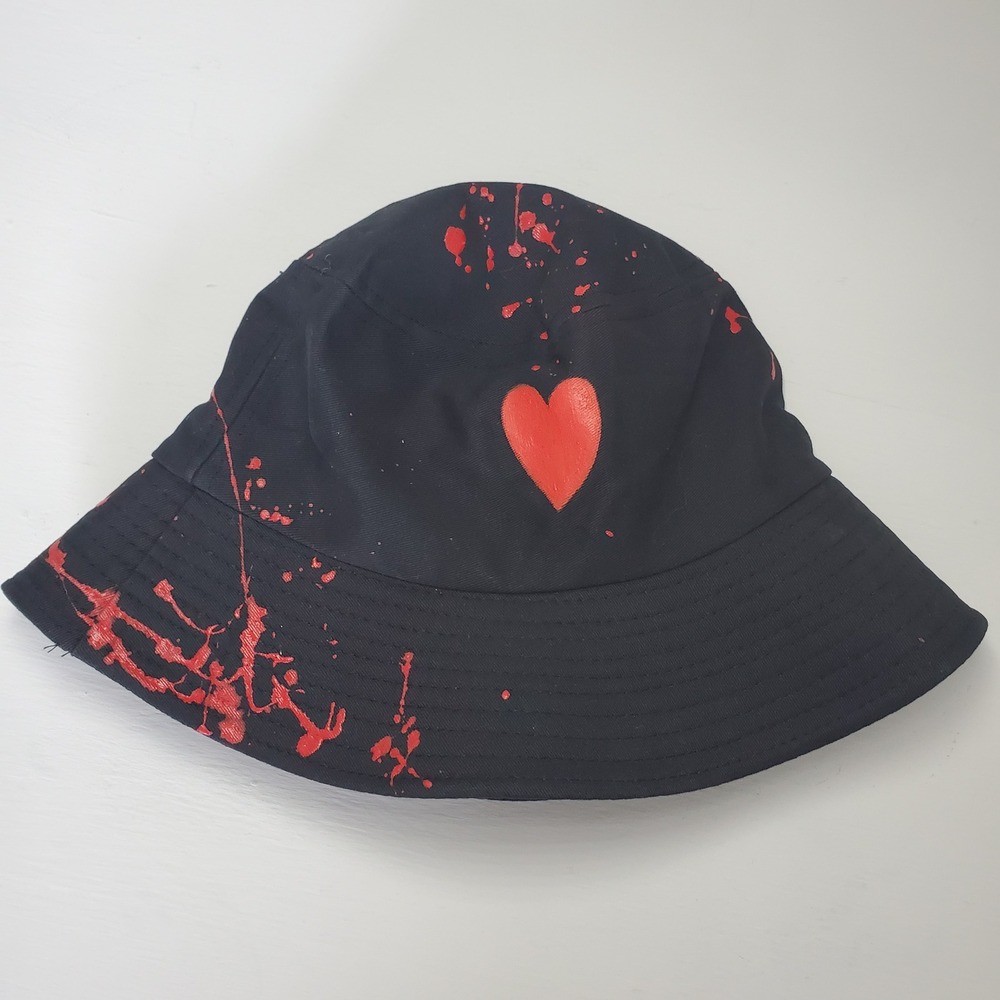Black Bucket Hat‎ Red Heart & Splatter Paint Cotton Festival Streetwear